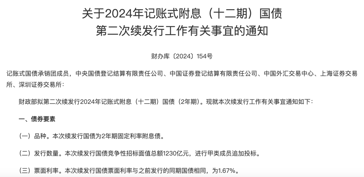 财政部拟续发行1820亿元5年期国债，票面利率1.43％
